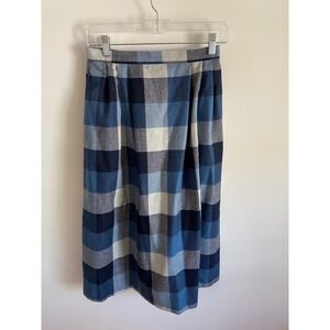 Brian David Plaid Wool Blend Pleated Midi Skirt‎ Size 8 Blue Tan Classic